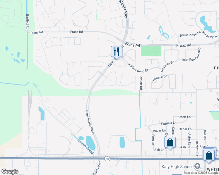 map of restaurants, bars, coffee shops, grocery stores, and more near 7111 Prairie Grass Lane in Katy