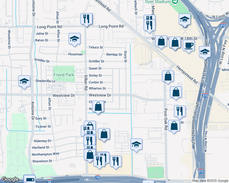 map of restaurants, bars, coffee shops, grocery stores, and more near 6501 Westview Drive in Houston