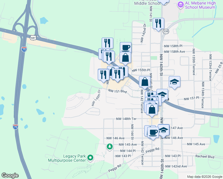 map of restaurants, bars, coffee shops, grocery stores, and more near 14703 NW 151st Blvd in Alachua