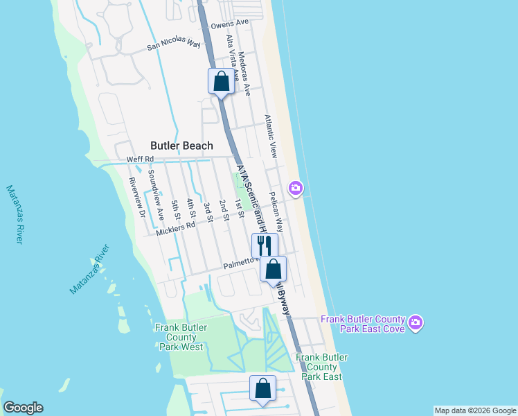map of restaurants, bars, coffee shops, grocery stores, and more near 96 Matanzas Avenue in Saint Augustine