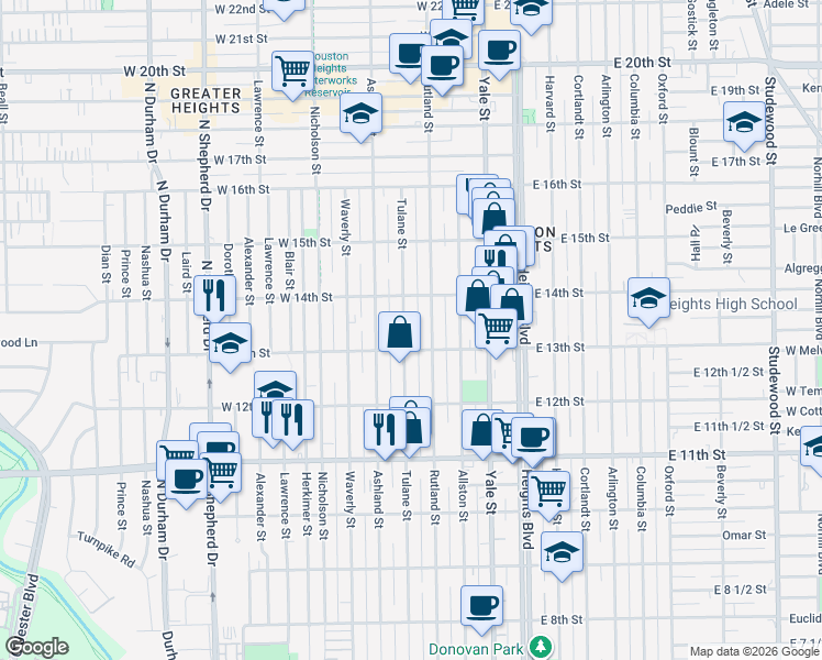 map of restaurants, bars, coffee shops, grocery stores, and more near 1301 Rutland Street in Houston