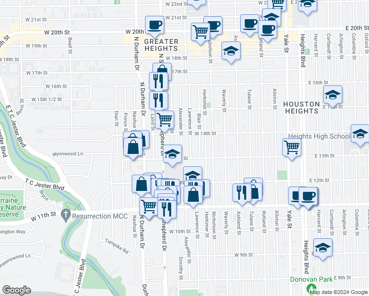 map of restaurants, bars, coffee shops, grocery stores, and more near 1304 Lawrence Street in Houston