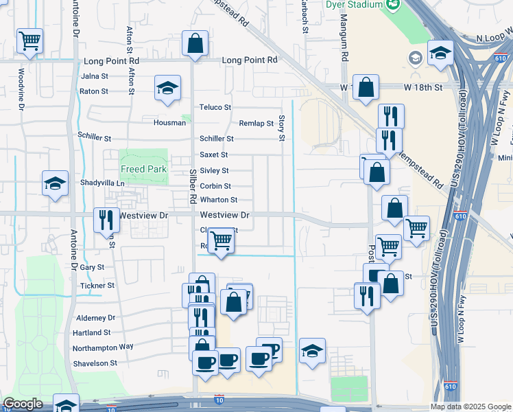 map of restaurants, bars, coffee shops, grocery stores, and more near 6501 Westview Drive in Houston