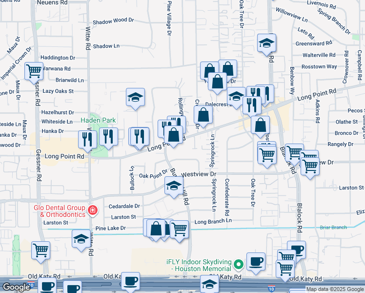 map of restaurants, bars, coffee shops, grocery stores, and more near 9742 Tappenbeck Drive in Houston