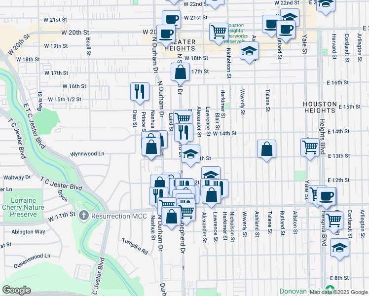 map of restaurants, bars, coffee shops, grocery stores, and more near 1310 Dorothy Street in Houston