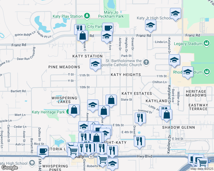 map of restaurants, bars, coffee shops, grocery stores, and more near 5510 10th Street in Katy