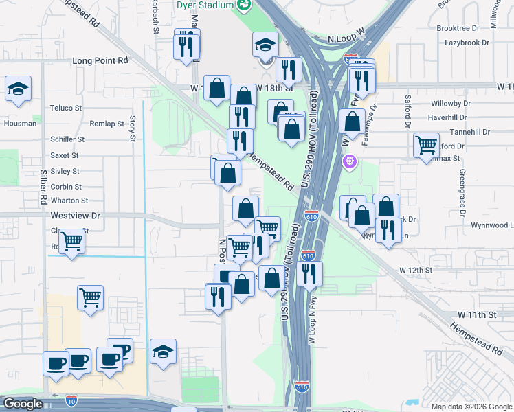 map of restaurants, bars, coffee shops, grocery stores, and more near 5912 East Post Oak Lane in Houston