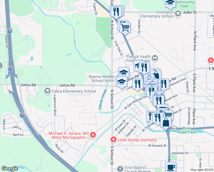 map of restaurants, bars, coffee shops, grocery stores, and more near 405 Johns Road in Boerne