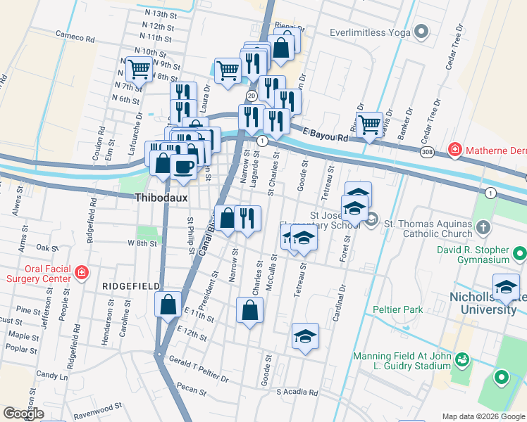 map of restaurants, bars, coffee shops, grocery stores, and more near 532 McCulla Street in Thibodaux