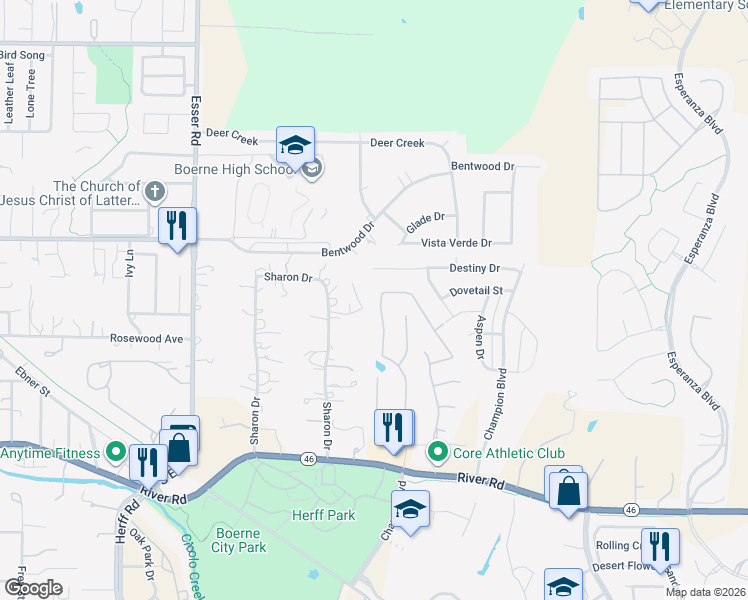 map of restaurants, bars, coffee shops, grocery stores, and more near 235 Woods of Boerne Boulevard in Boerne