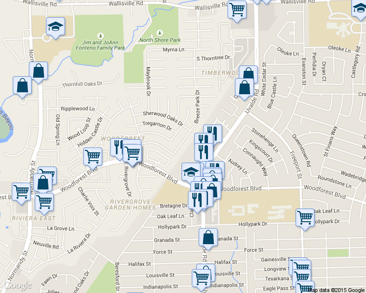 map of restaurants, bars, coffee shops, grocery stores, and more near 431 Breeze Park Drive in Houston
