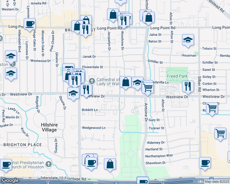 map of restaurants, bars, coffee shops, grocery stores, and more near 1322 Hunters Meadow Lane in Houston