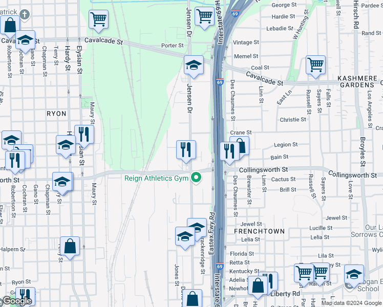 map of restaurants, bars, coffee shops, grocery stores, and more near in Houston