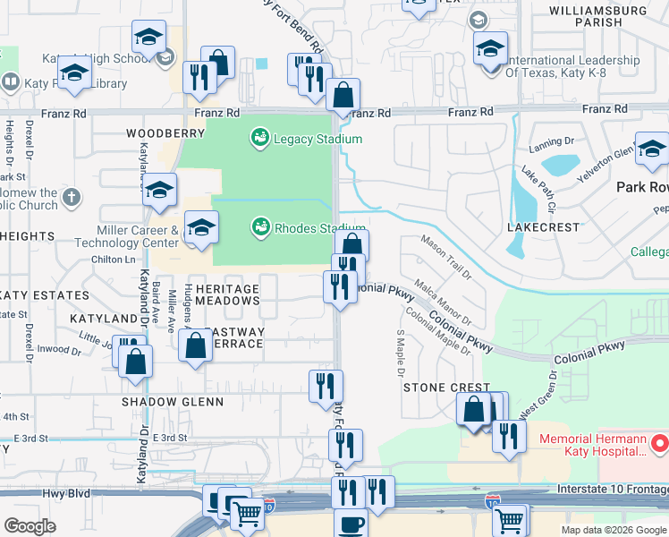 map of restaurants, bars, coffee shops, grocery stores, and more near Katy Fort Bend Road in Katy