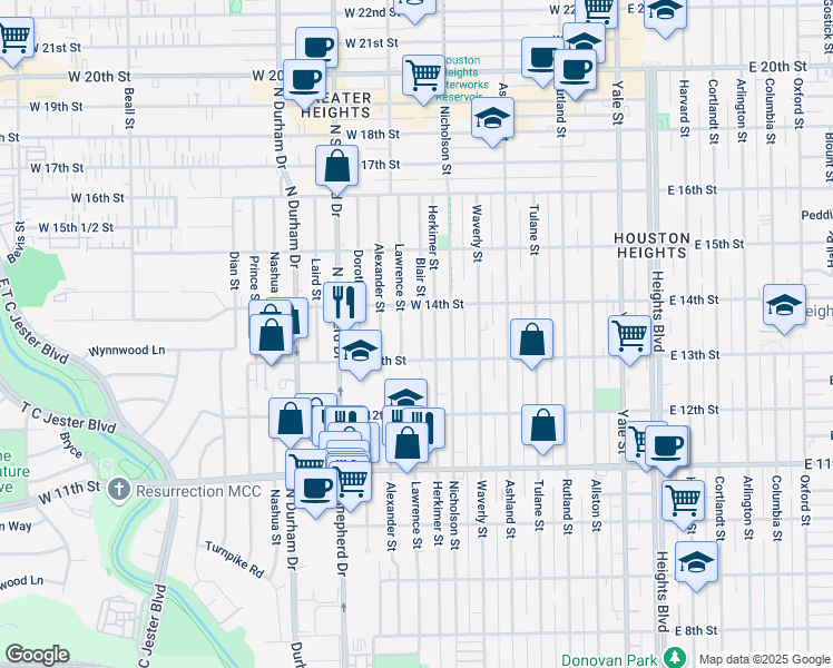 map of restaurants, bars, coffee shops, grocery stores, and more near 1304 Lawrence Street in Houston