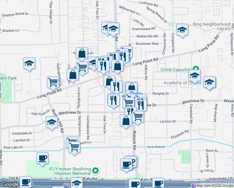 map of restaurants, bars, coffee shops, grocery stores, and more near 1337 Cedar Post Lane in Houston