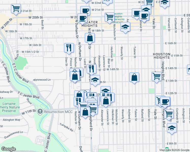 map of restaurants, bars, coffee shops, grocery stores, and more near 1310 Dorothy Street in Houston