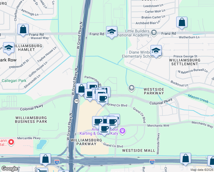 map of restaurants, bars, coffee shops, grocery stores, and more near Partnership Way in Katy