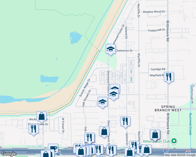 map of restaurants, bars, coffee shops, grocery stores, and more near 11203 Mayfield Road in Houston