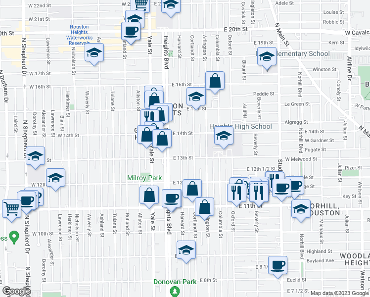 map of restaurants, bars, coffee shops, grocery stores, and more near 1303 Cortlandt Street in Houston