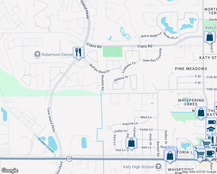 map of restaurants, bars, coffee shops, grocery stores, and more near 1502 Tonkawa Trail in Katy
