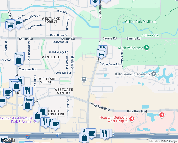 map of restaurants, bars, coffee shops, grocery stores, and more near 2219 Greenhouse Road in Houston