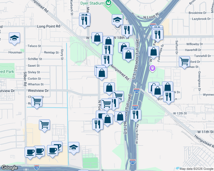 map of restaurants, bars, coffee shops, grocery stores, and more near 5912 East Post Oak Lane in Houston