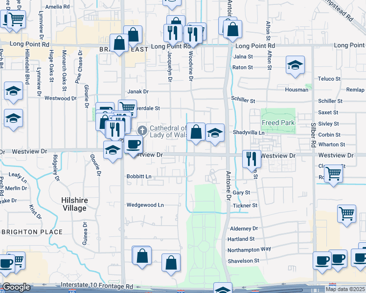 map of restaurants, bars, coffee shops, grocery stores, and more near 1322 Hunters Meadow Lane in Houston