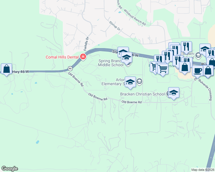 map of restaurants, bars, coffee shops, grocery stores, and more near 344 Loving Path in Bulverde