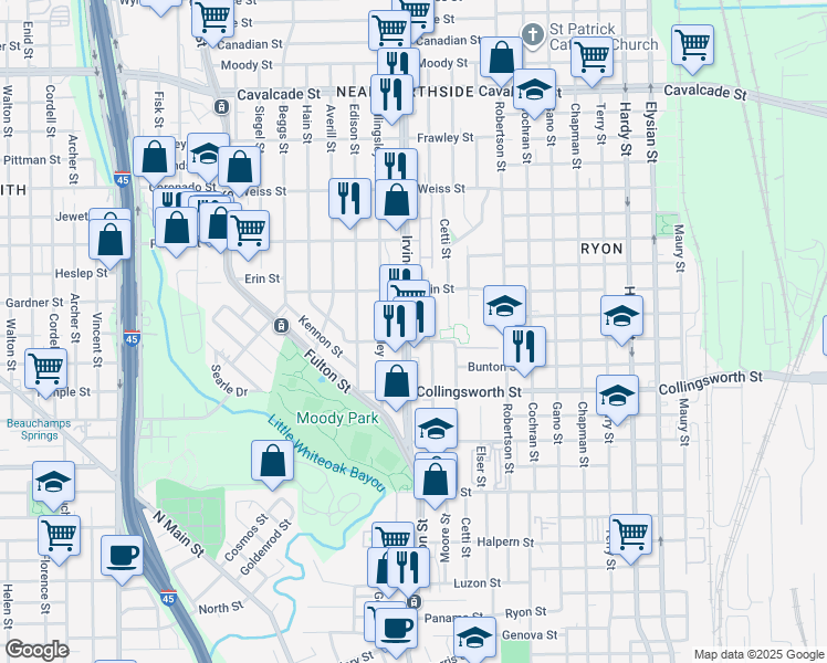 map of restaurants, bars, coffee shops, grocery stores, and more near 3707 Irvington Boulevard in Houston