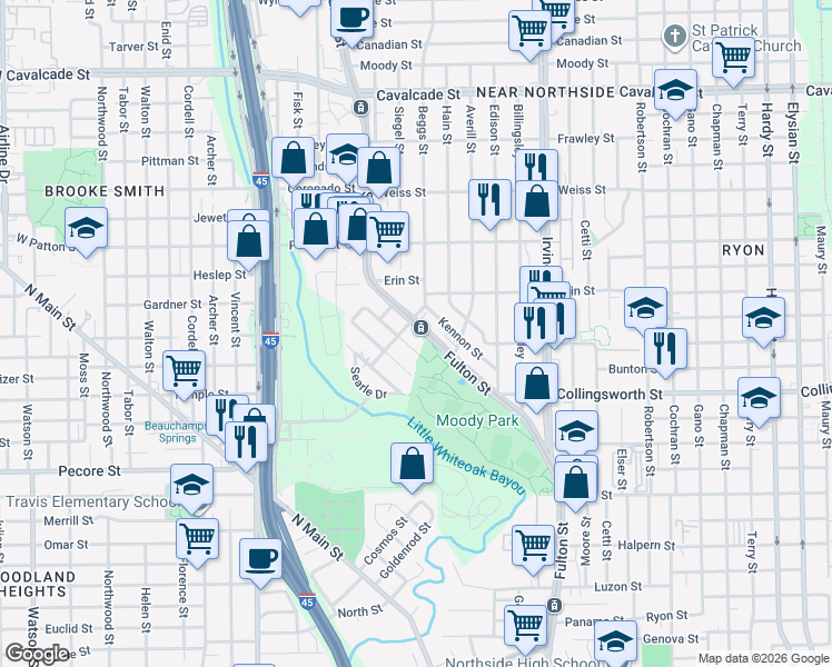 map of restaurants, bars, coffee shops, grocery stores, and more near 3812 Baden Street in Houston
