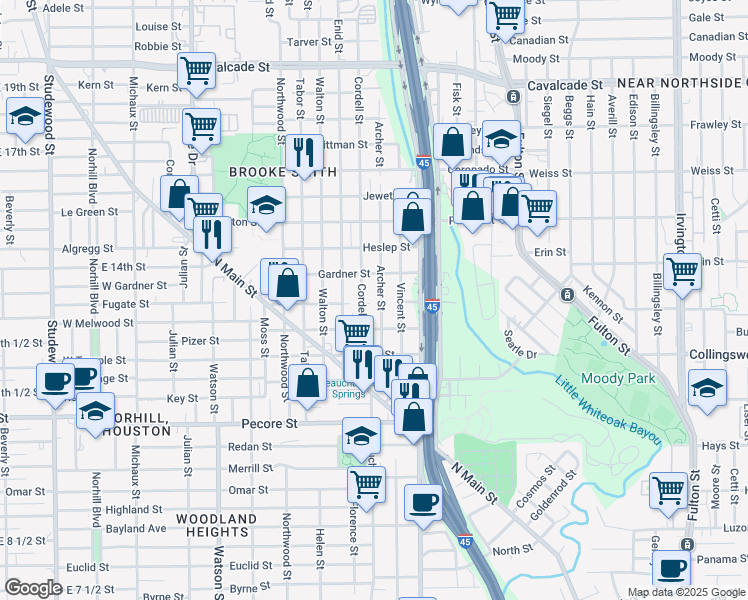 map of restaurants, bars, coffee shops, grocery stores, and more near 404 Cordell Street in Houston