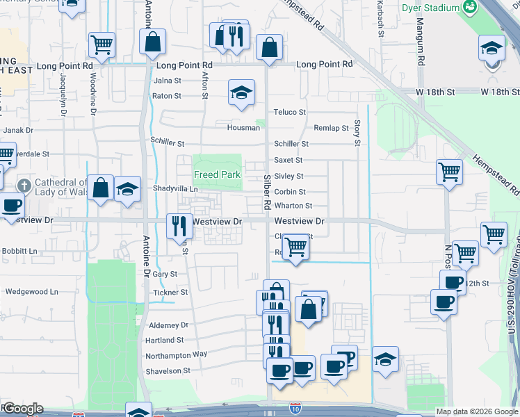 map of restaurants, bars, coffee shops, grocery stores, and more near in Houston