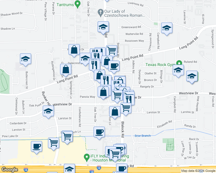 map of restaurants, bars, coffee shops, grocery stores, and more near 1337 Cedar Post Lane in Houston