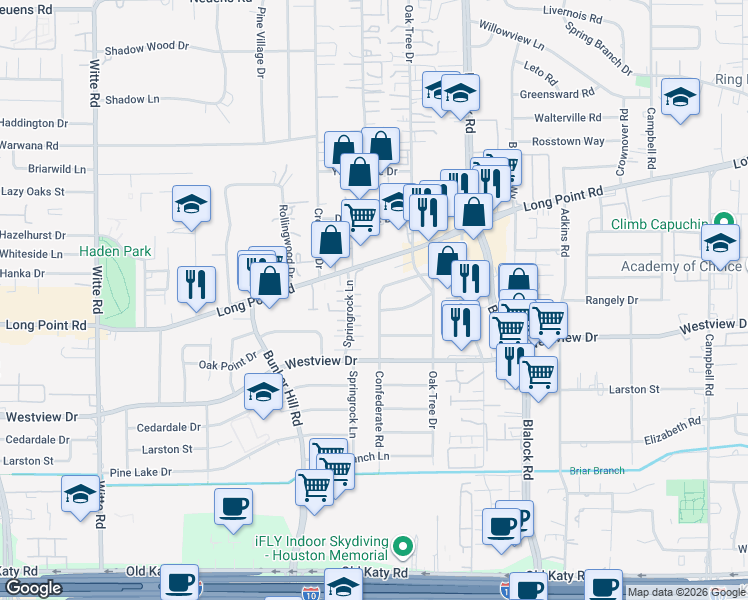 map of restaurants, bars, coffee shops, grocery stores, and more near 1440 Springrock Lane in Houston