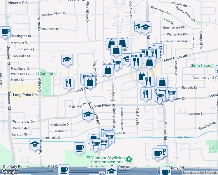 map of restaurants, bars, coffee shops, grocery stores, and more near 1451 Springrock Lane in Houston