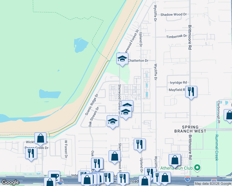 map of restaurants, bars, coffee shops, grocery stores, and more near 1505 Sherwood Forest Street in Houston