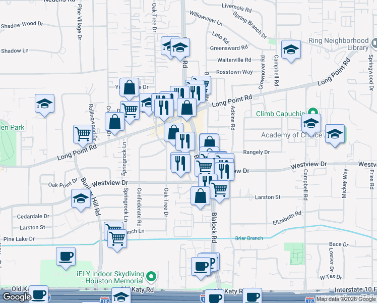 map of restaurants, bars, coffee shops, grocery stores, and more near 1337 Cedar Post Lane in Houston