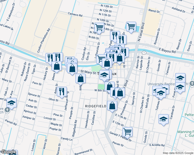 map of restaurants, bars, coffee shops, grocery stores, and more near 534 West 7th Street in Thibodaux