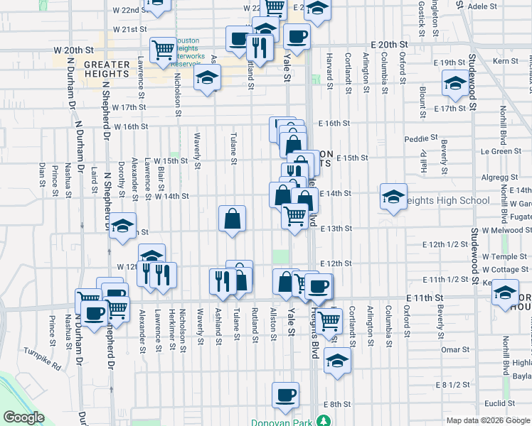 map of restaurants, bars, coffee shops, grocery stores, and more near 221 West 13th Street in Houston