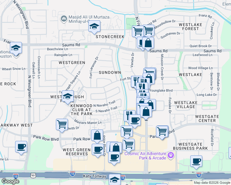 map of restaurants, bars, coffee shops, grocery stores, and more near 20035 South Pecos Valley Trail in Katy