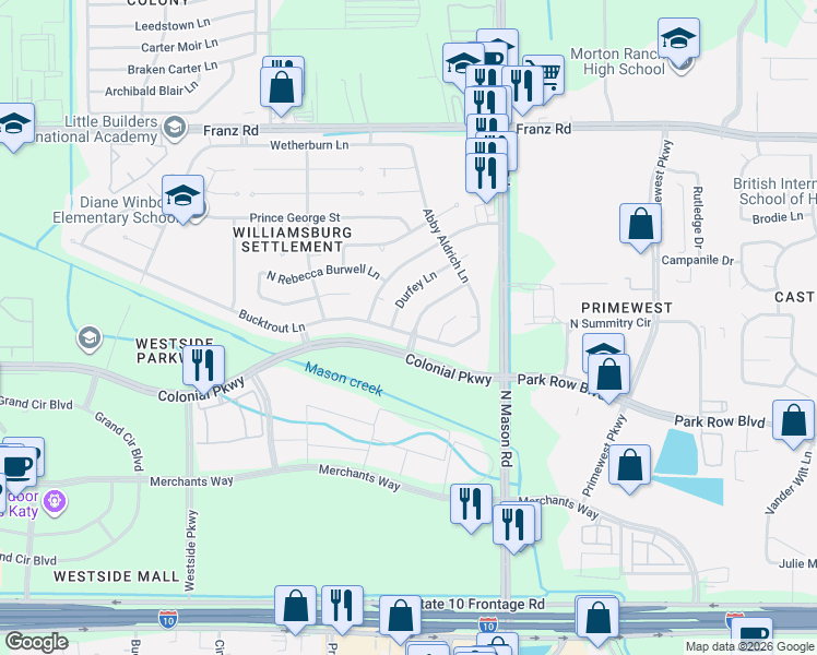 map of restaurants, bars, coffee shops, grocery stores, and more near 22123 Bucktrout Lane in Katy