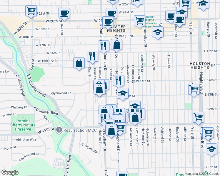 map of restaurants, bars, coffee shops, grocery stores, and more near 1306 Laird Street in Houston