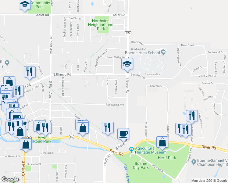 map of restaurants, bars, coffee shops, grocery stores, and more near 224 Azalea Trail in Boerne