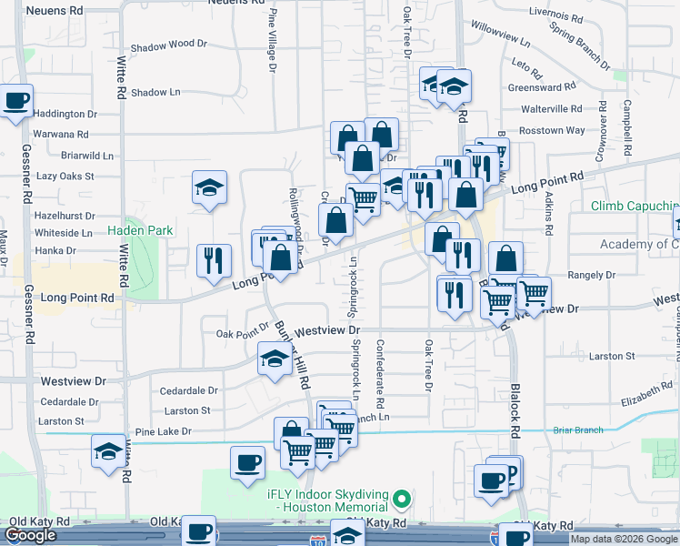 map of restaurants, bars, coffee shops, grocery stores, and more near 1451 Springrock Lane in Houston