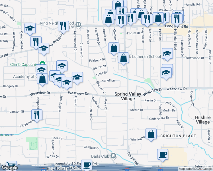 map of restaurants, bars, coffee shops, grocery stores, and more near 8718 Lanell Lane in Houston