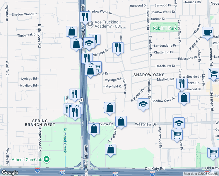 map of restaurants, bars, coffee shops, grocery stores, and more near 10651 Ivyridge Road in Houston