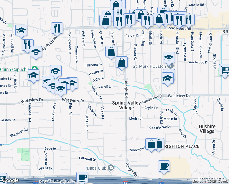 map of restaurants, bars, coffee shops, grocery stores, and more near 8622 Lanell Lane in Houston