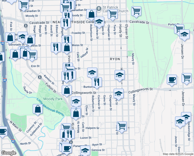 map of restaurants, bars, coffee shops, grocery stores, and more near 3907 Cochran Street in Houston