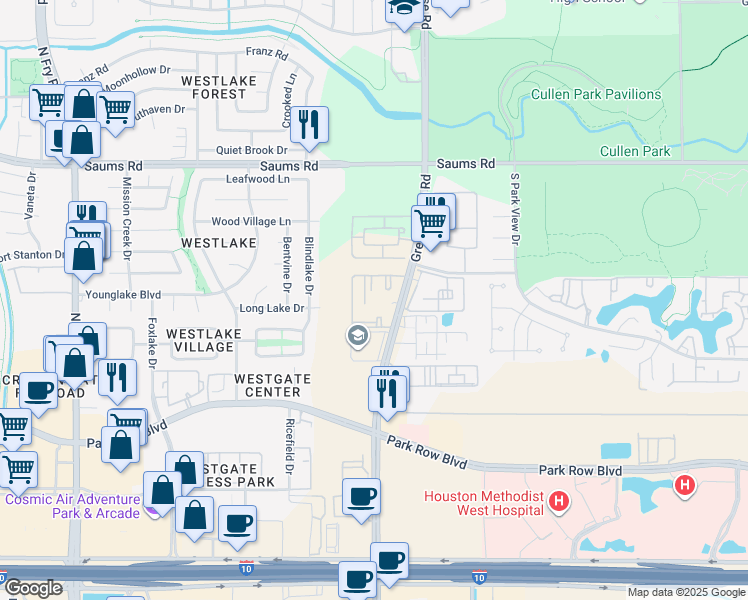 map of restaurants, bars, coffee shops, grocery stores, and more near 2219 Greenhouse Road in Houston